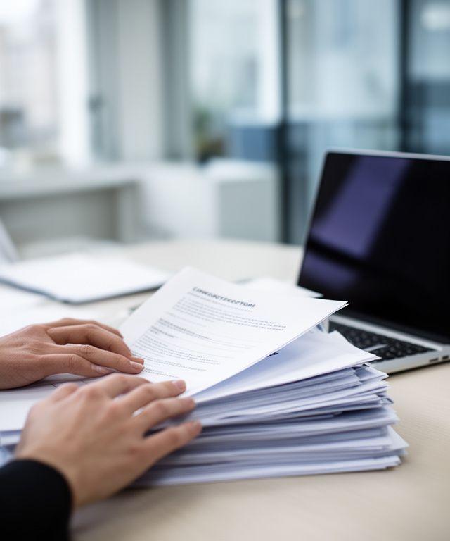Legal advisor reviewing a contract on a desk in a modern London office with annotated papers and a laptop