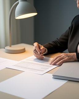 Lead solicitor reviewing a marked-up service agreement beside a desk lamp in a calm legal workspace