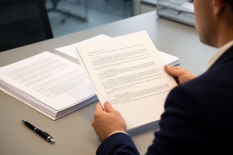 Legal professional comparing termination wording on two contract drafts with annotated notes in a quiet office